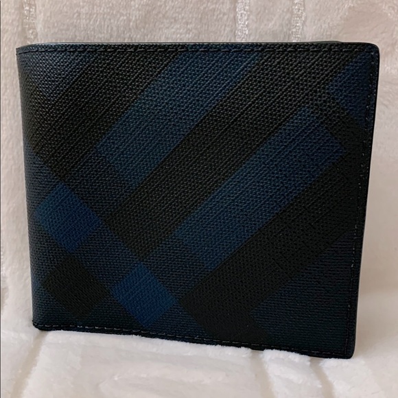 Burberry Men’s Leather Slim Check Bifold Wallet Blue Black Diagonal Stripe - Picture 1 of 7